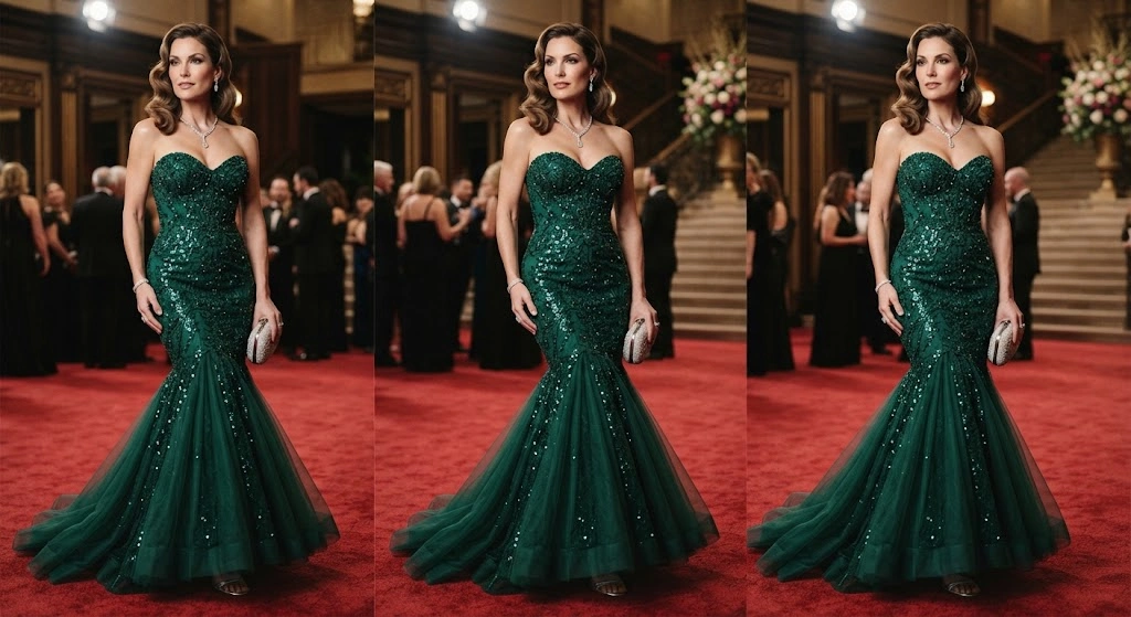 Woman wearing a dramatic floor-length mermaid gown with a fishtail flare