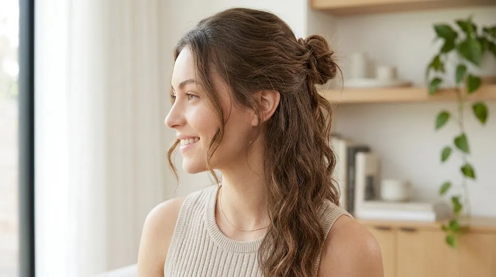 Messy half up bun with loose textured hair