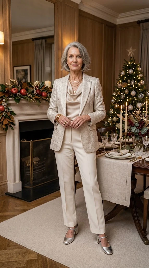 Woman over 50 wearing a champagne blouse and metallic blazer