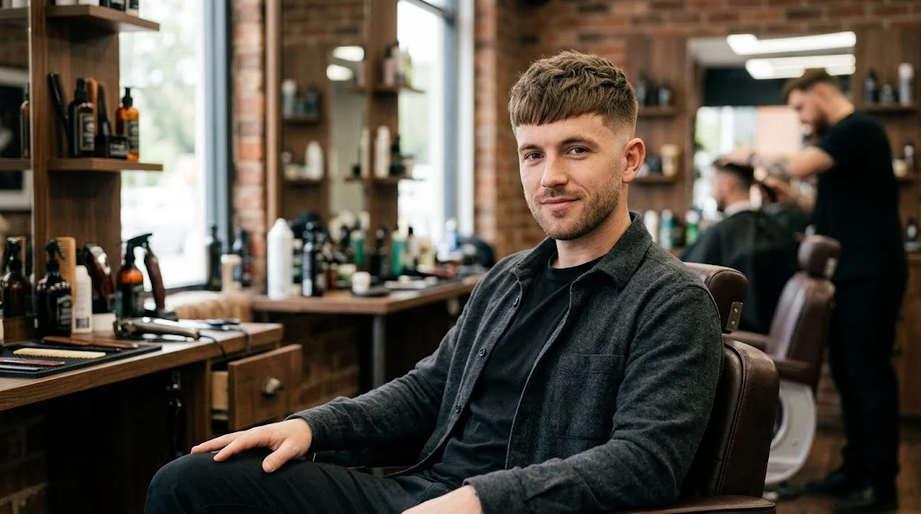 Mid fade crop haircut for an oval face