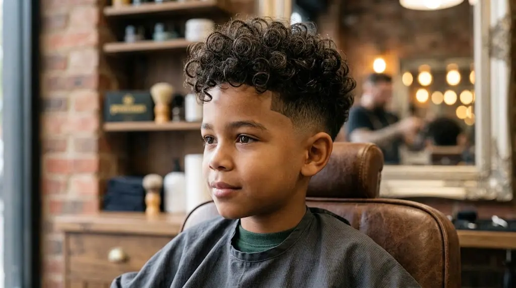 Mixed boy haircut with defined curls and mid fade