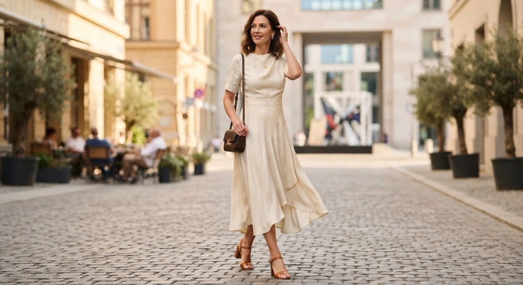 Woman wearing an elegant mid-calf midi dress
