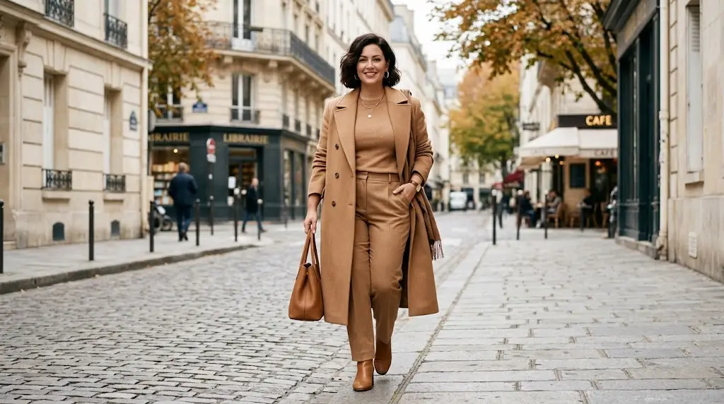 Short curvy woman wearing a monochrome camel outfit