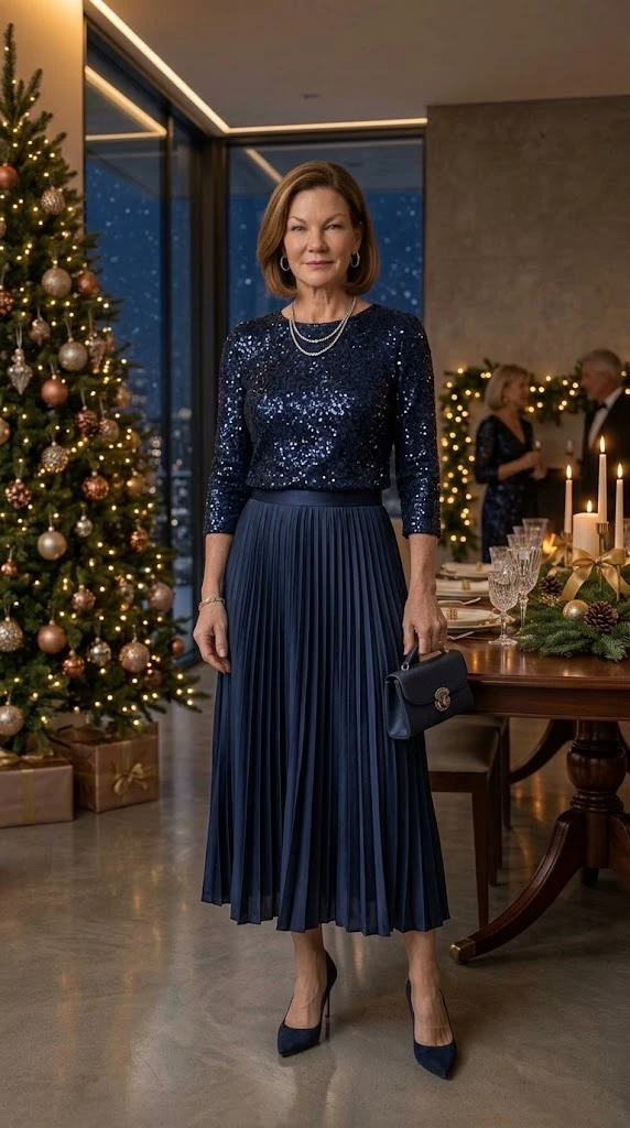 Navy sequin Christmas outfit for women over 50