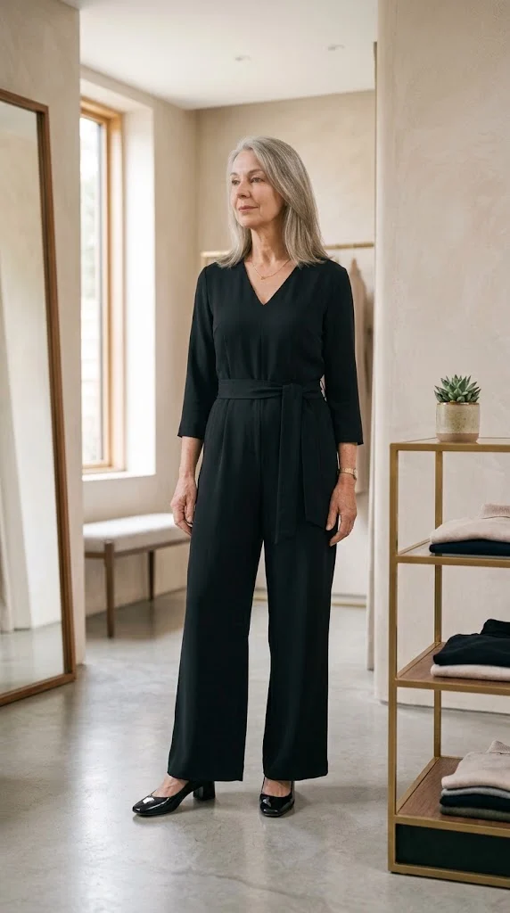 Woman over 50 wearing a wide-leg V-neck jumpsuit