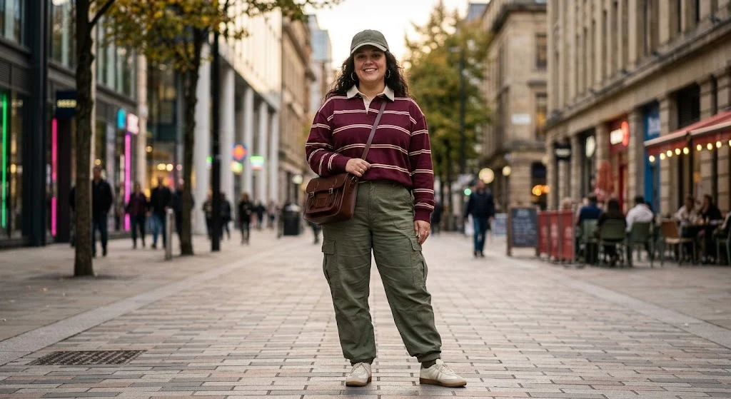 Plus size sporty preppy outfit with cargo pants and rugby shirt