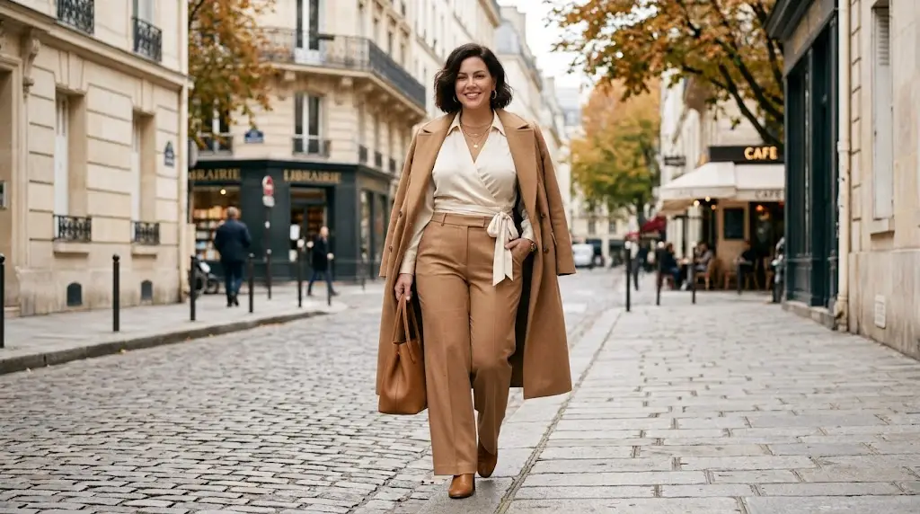 Petite curvy woman wearing a V-neck wrap top with defined waist