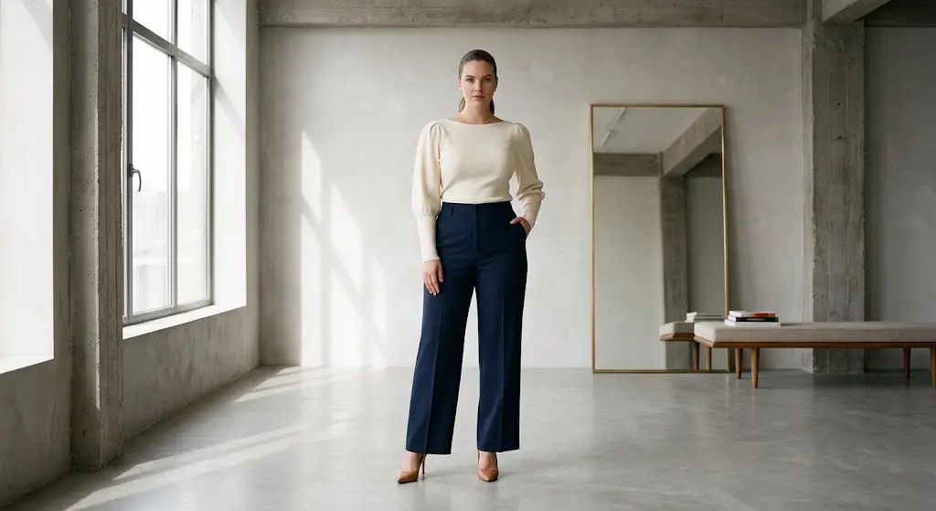 Pear body shape outfit with a boatneck structured top paired with wide-leg trousers