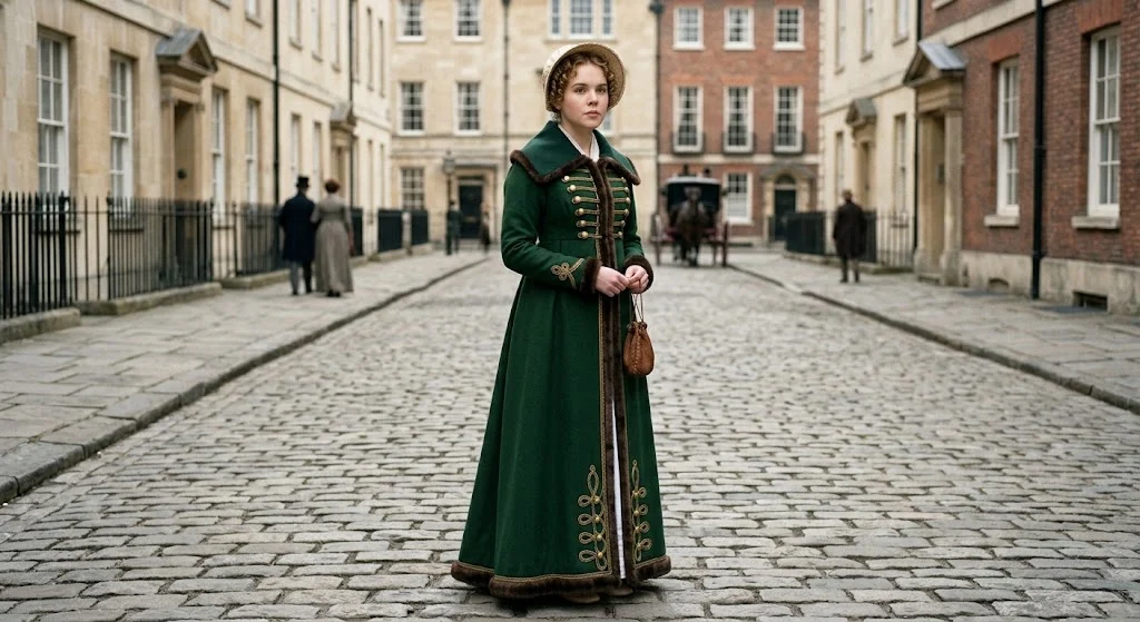 Regency woman wearing a full length pelisse coat