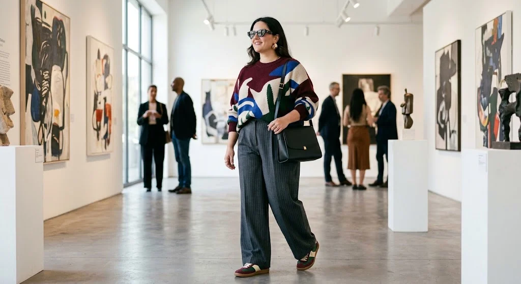 Plus size eclectic outfit with pinstripe trousers and graphic knit