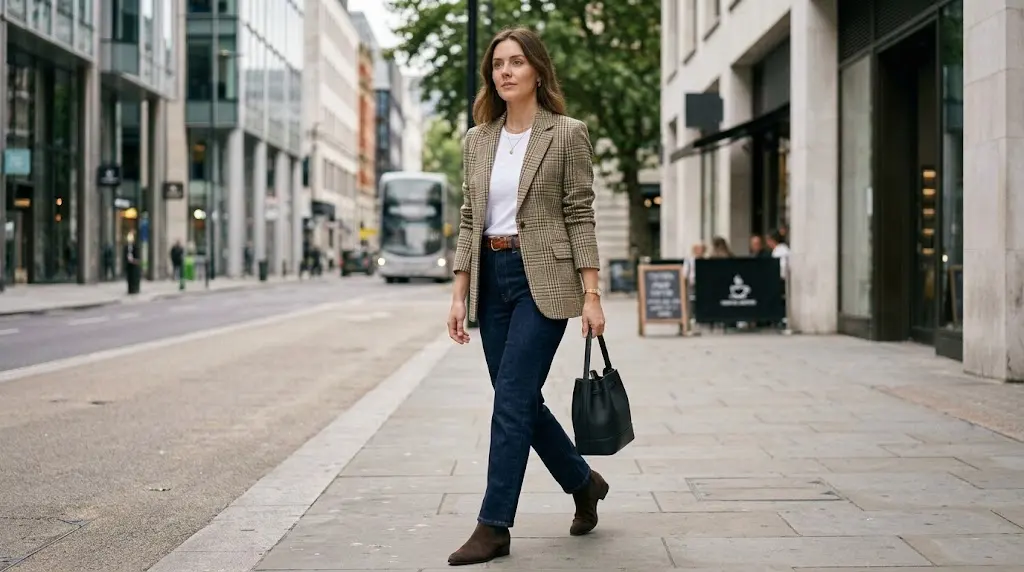 Plaid blazer outfit with jeans and ankle boots