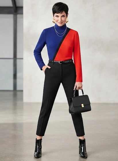 Color blocking and geometric accessories in flamboyant gamine fashion