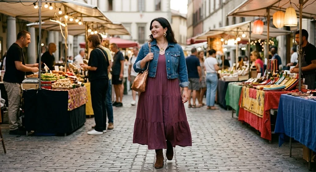 Plus size woman in plum maxi dress and cropped denim jacket