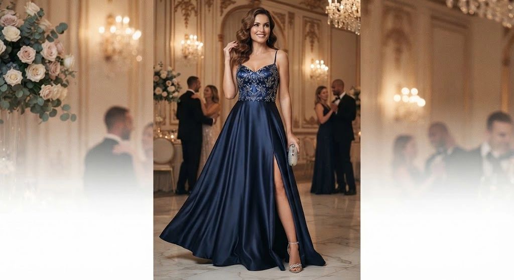 Woman wearing an elegant sparkling prom dress with a flowing skirt
