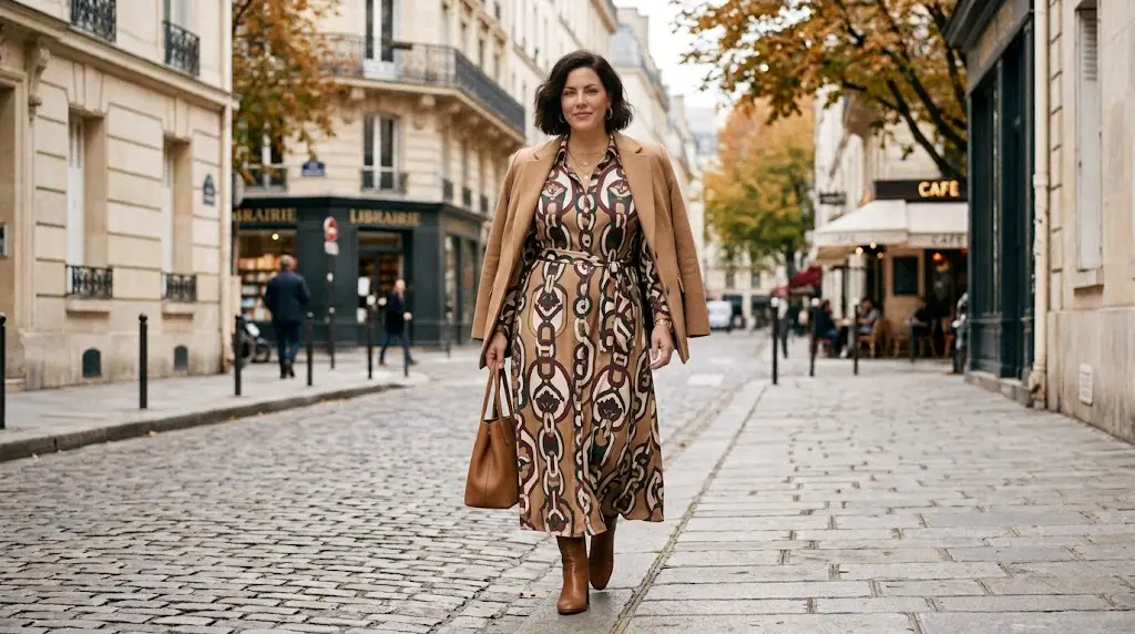 Petite curvy woman wearing a proportional print and flattering hemline