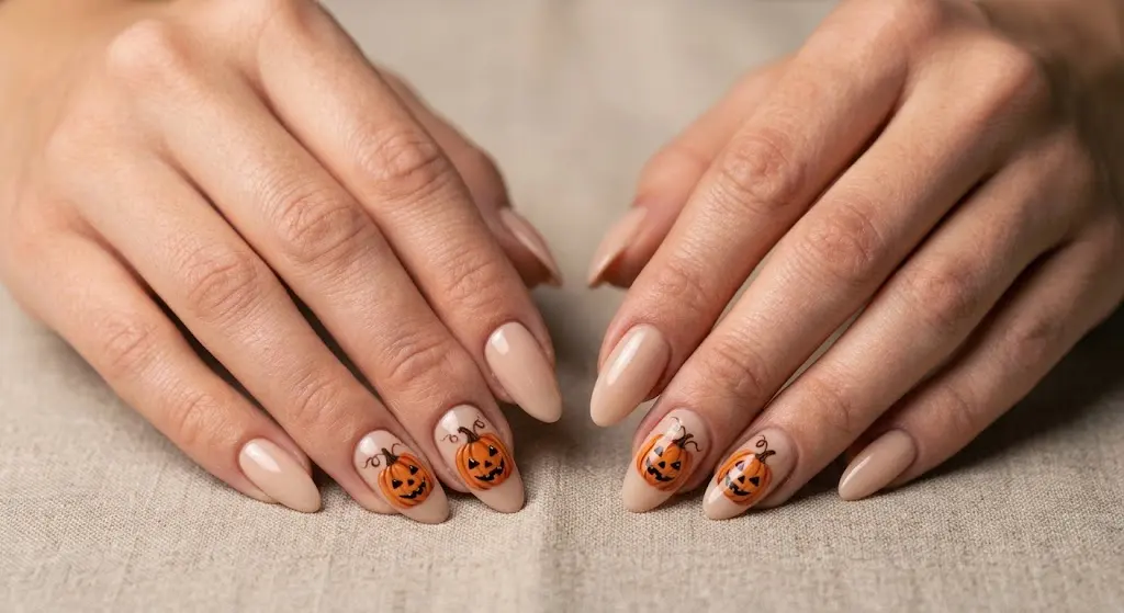Orange pumpkin Halloween nail designs on a neutral base