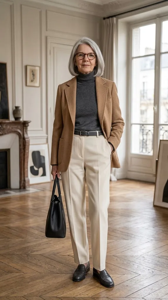 Neutral outfit for women over 50 with tortoiseshell glasses as a statement accessory