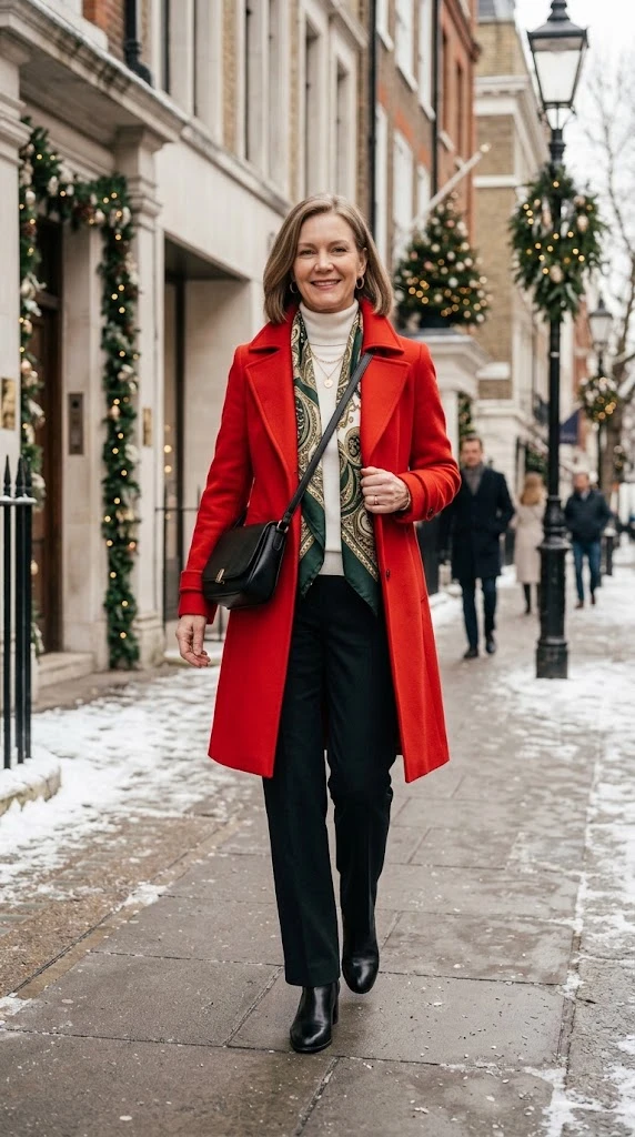 Red coat and white turtleneck Christmas outfit for women over 50