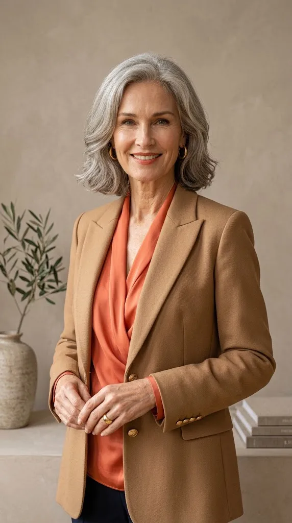 Coral blouse and camel jacket for warm undertones