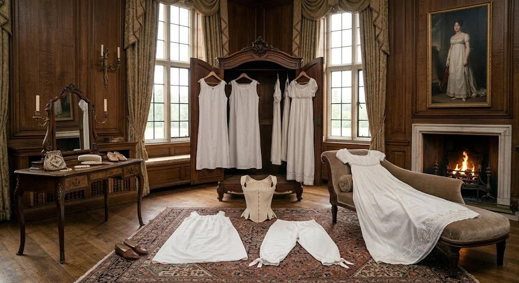 Regency era women's chemise stays and pantaloons