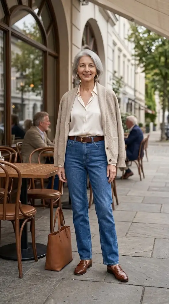 Relaxed jeans with crisp shirt and loafers for women over 50