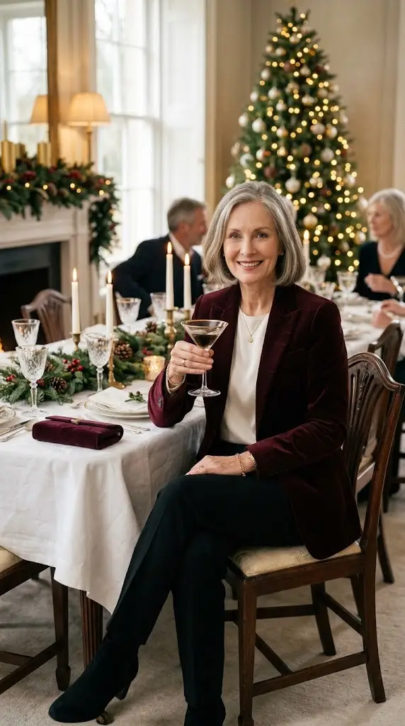 Velvet blazer blouse and tailored trousers Christmas dinner outfit