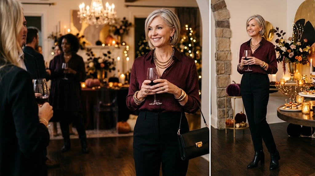 Burgundy and black Halloween outfit for women over 50