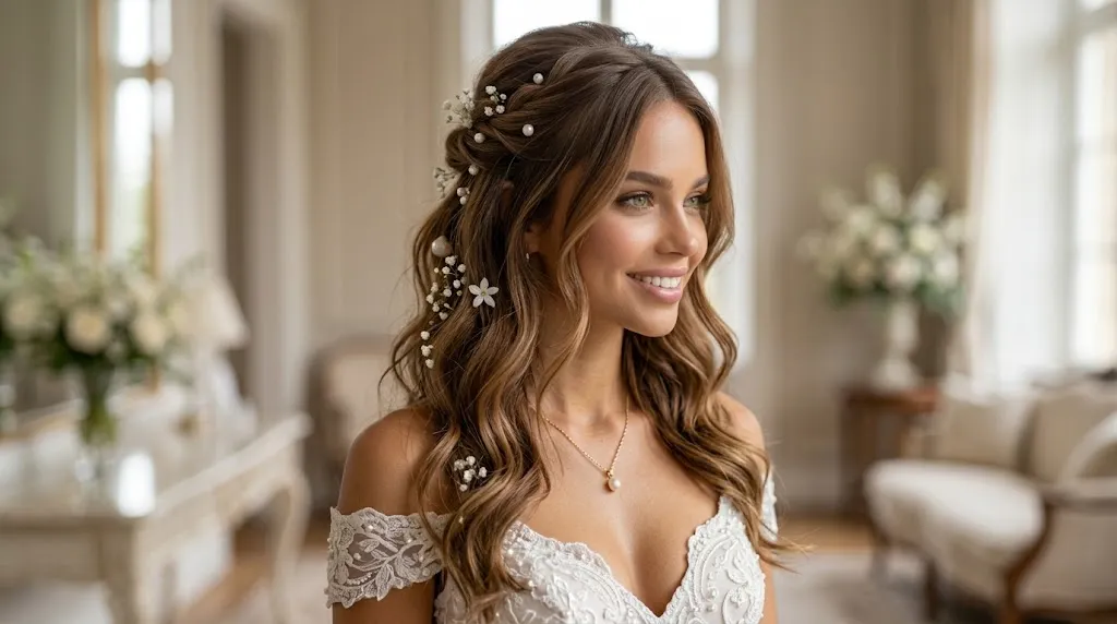 Romantic half up wedding hairstyle with curls and pearl pins