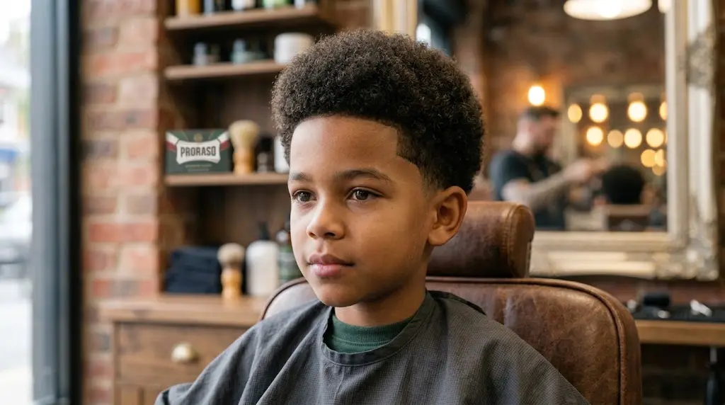 Rounded afro fade haircut for a mixed boy