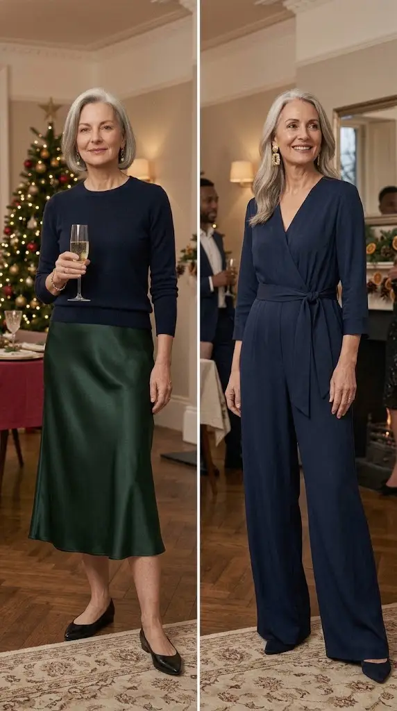Satin skirt and elegant jumpsuit Christmas party outfits