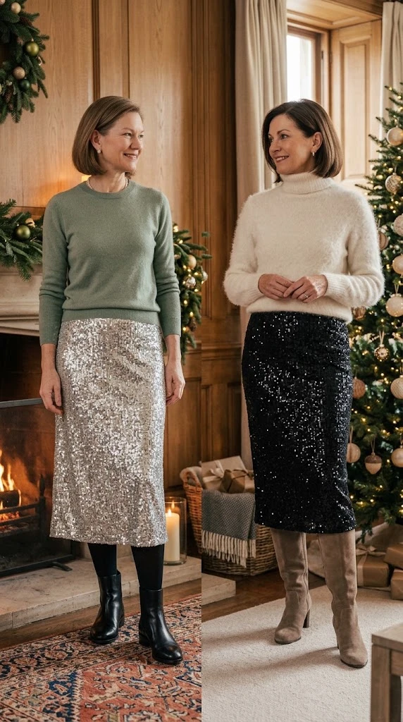 Sequin skirt Christmas outfits for women over 50