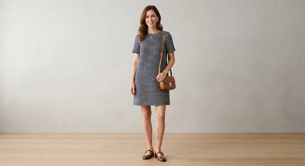 Woman wearing a relaxed straight-cut shift dress