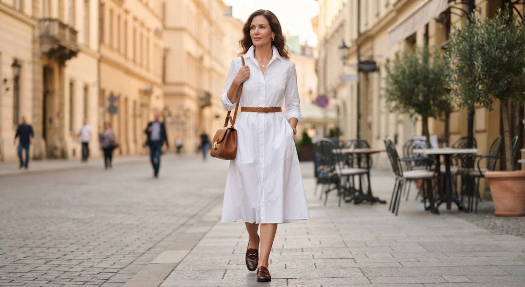 Woman wearing a belted button-front shirtdress