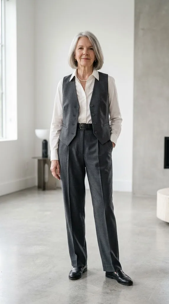 Woman over 50 wearing an ivory shirt and tailored waistcoat