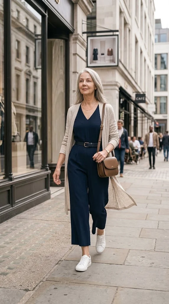 Woman over 50 styling a cropped jumpsuit with comfortable trainers