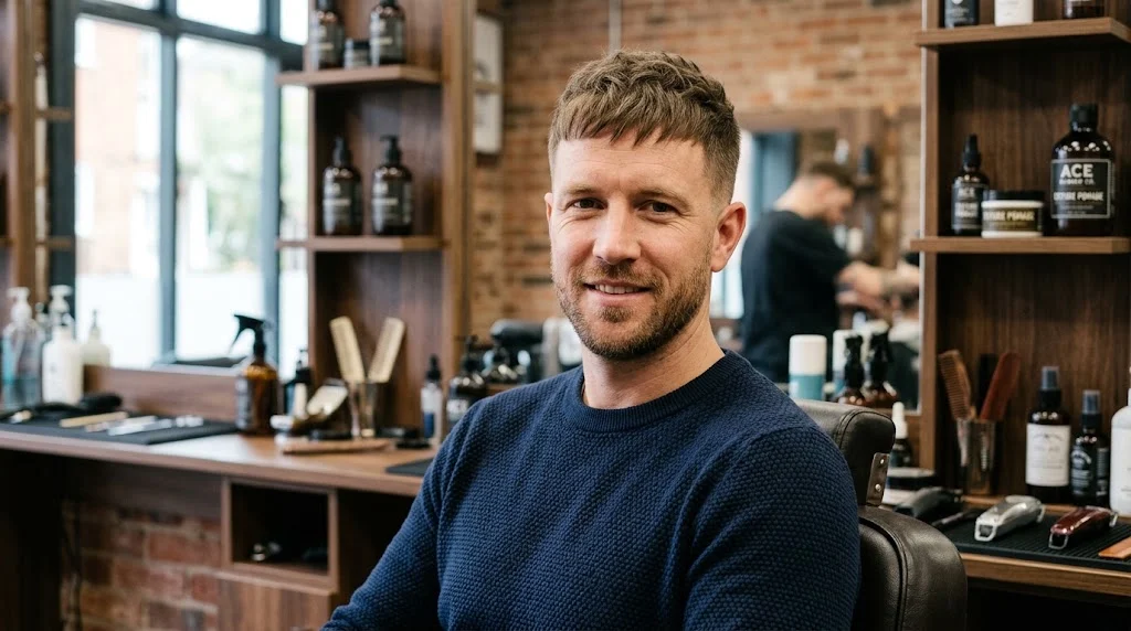 Short Caesar haircut for an oval face
