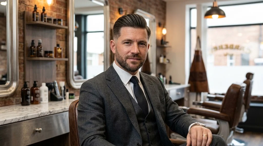 Short slick back haircut for an oval face