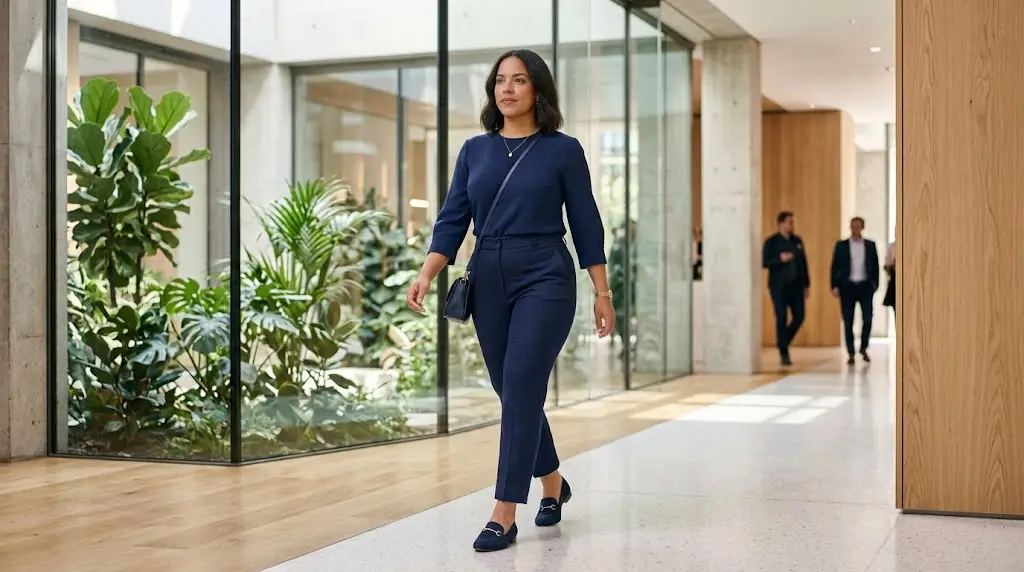 Petite curvy woman showing wrists and ankles in cropped clothing