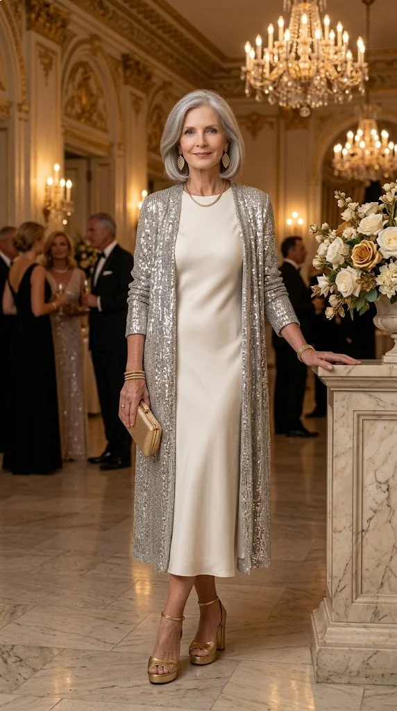 Silver sequin cardigan with ivory dress for women over 50