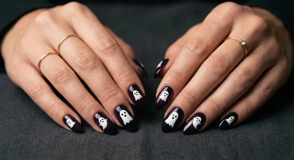 Simple Halloween nails with tiny white ghost designs