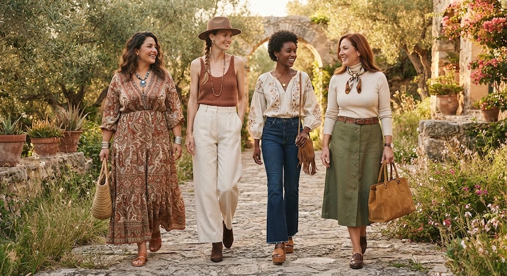 Boho chic skirts dresses flared jeans and high-waist trousers