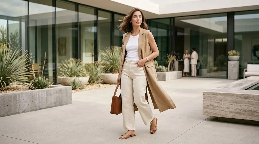 Sleeveless blazer outfit for warm weather