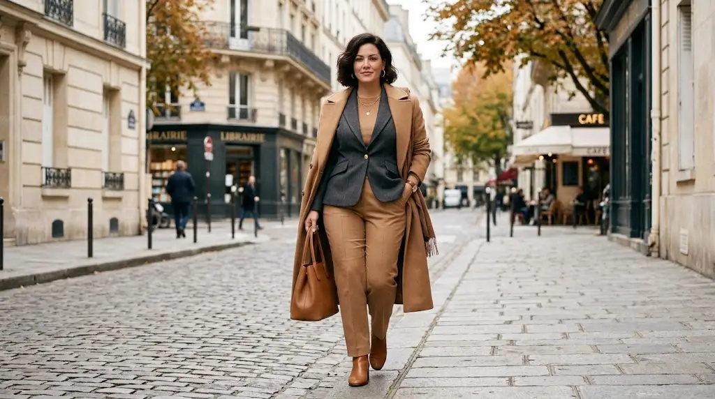 Petite curvy woman wearing streamlined thin layers