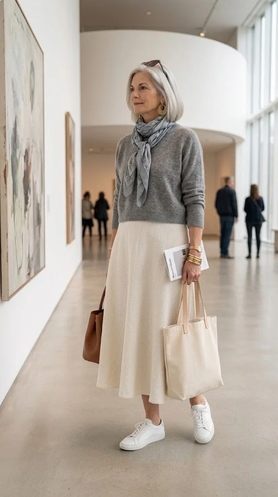 Gray sweater and white midi skirt outfit for women over 50