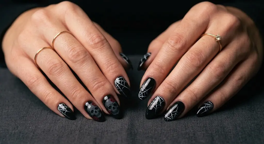 Spooky black Halloween nails with spider webs and skull details