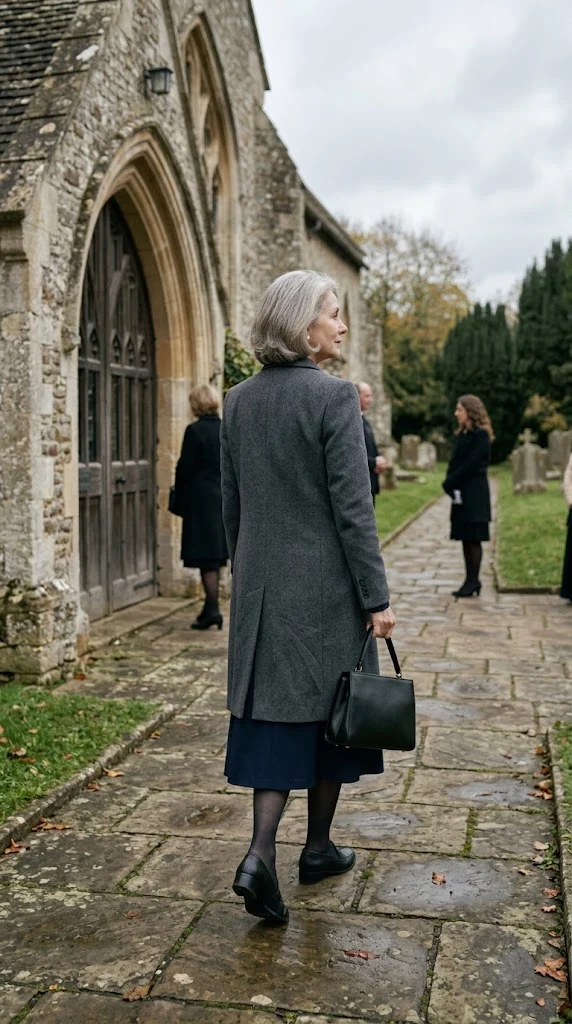 Woman over 50 arriving at a traditional funeral service