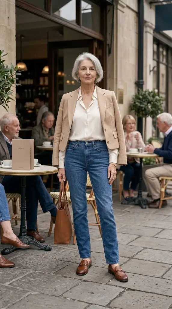 Straight-leg jeans outfit with blouse and blazer