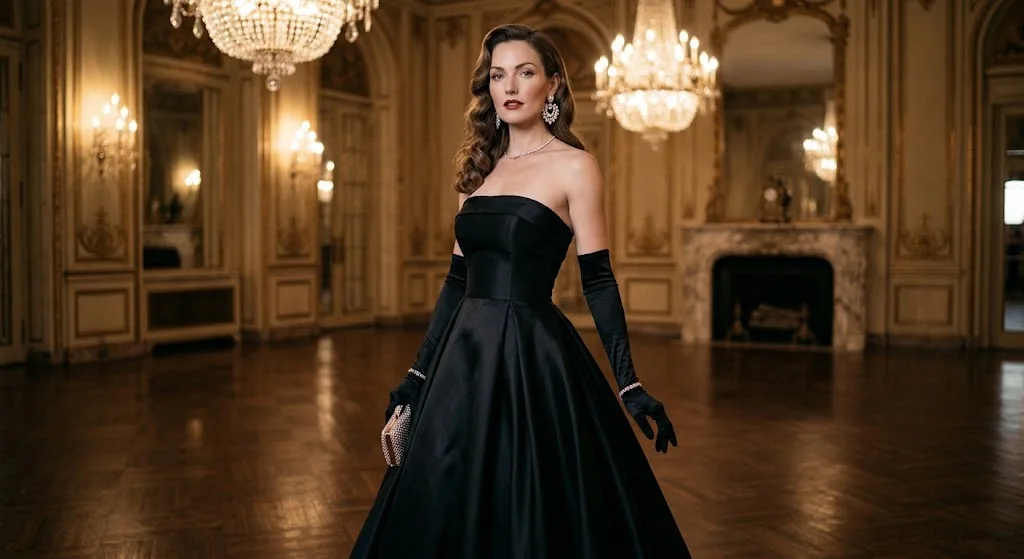 Strapless ball gown with statement earrings Old Hollywood style