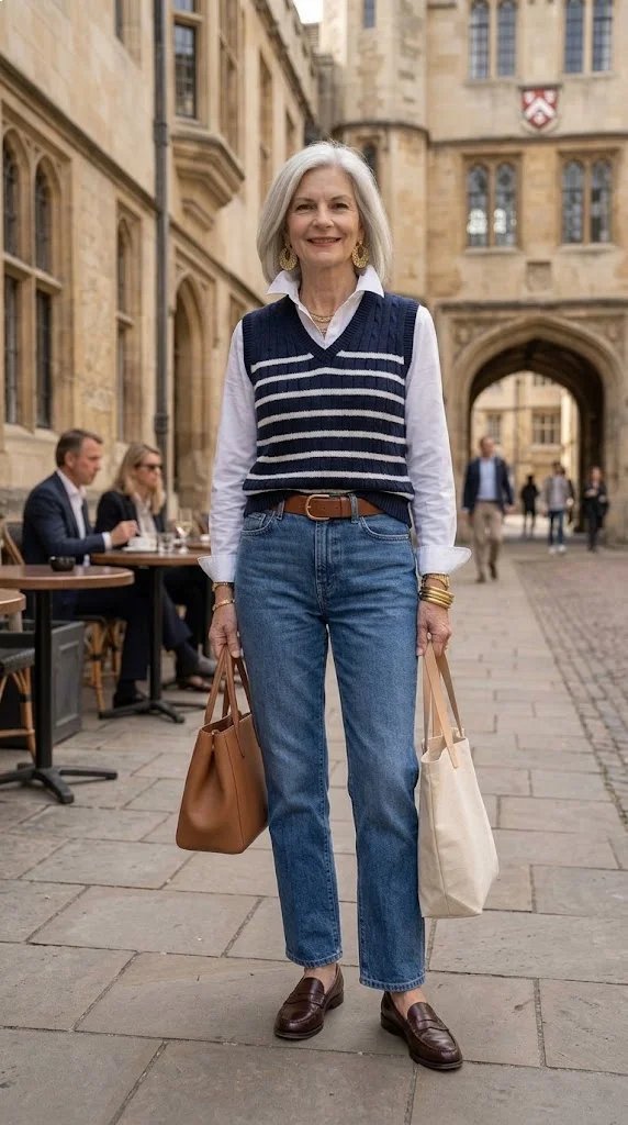 Striped sweater vest and jeans outfit for women over 50
