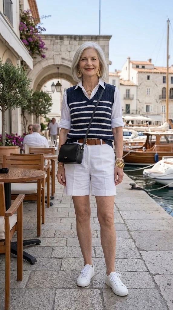 Striped knit vest and white shorts outfit for women over 50